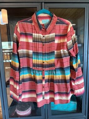 Tasha Polizzi Striped Button-Front Blouse in Coral, Teal & Mustard